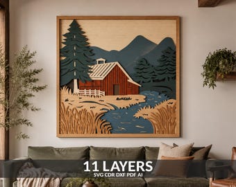 Farm Barn River Scene 3D SVG: Layered Landscape Template (Digital Download)