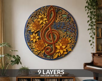 May include: A circular multi-layered wooden wall art piece featuring a central treble clef surrounded by intricate floral patterns, leaves, and musical notes in shades of blue, yellow, orange, and brown, with the text 9 LAYERS SVG CDR DXF PDF AI.