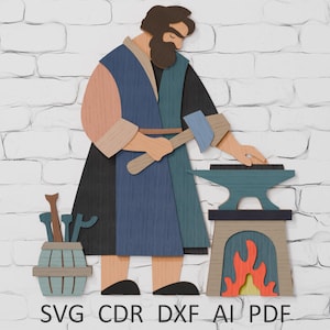 May include: A stylized illustration of a blacksmith at work, holding a hammer over an anvil. The blacksmith wears a blue and black outfit. A barrel with tools and a forge with flames are also present. The image includes the text "SVG CDR DXF AI PDF".