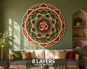 Om Mandala Layered Wall Art, Sacred Geometry Laser Cut File (svg, dxf, pdf, ai)