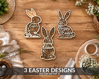 Layered Bunny Easter Sign SVG, Floral Rabbit Laser Cut Files (Digital Download)