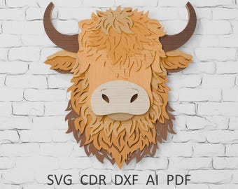 3D Highland Cow Mandala SVG: Laser Cut Plywood, Paper (Digital Files)