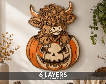 Baby Highland Cow Pumpkin SVG, Halloween Laser Cut File (6 Layers)