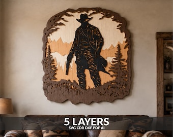 May include: A multi-layered wooden wall art piece featuring a silhouette of a cowboy in a hat and duster coat holding a revolver. The design includes pine trees and mountain peaks in varying shades of brown wood, with text reading 5 LAYERS.