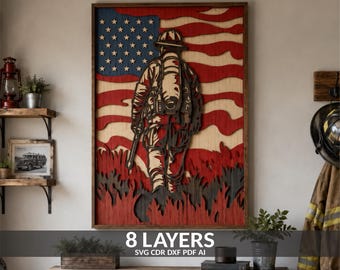 May include: A multi-layered wooden wall art piece featuring a firefighter silhouette standing before a stylized American flag. The design incorporates eight distinct layers of wood, showcasing red, white, and blue tones with intricate cutouts.