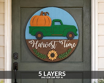 Fall Truck Pumpkin Door Hanger SVG, Harvest Round Sign Laser Cut Files (Digital Download)