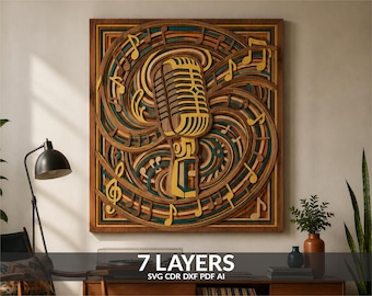 May include: A multi-layered wooden wall art piece featuring a central vintage microphone surrounded by swirling musical notes. The design consists of seven distinct layers in shades of natural wood, teal, and yellow, creating a 3D effect.