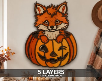 Baby Fox Pumpkin SVG Laser Cut File, 5-Layer Plywood Design (Digital Download)