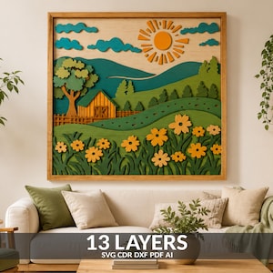 Könnte beinhalten: Ein mehrschichtiges Wandkunstwerk aus Holz, das eine Landschaft mit einer Scheune, grünen Hügeln, einem Baum und gelben Blumen unter einer Sonne und blauen Wolken zeigt. Der Text 13 LAYERS SVG CDR DXF PDF AI steht unten im Bild.