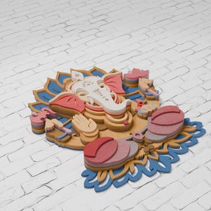 May include: A multi-layered wooden wall art piece depicting the deity Ganesha. The design features stacked laser-cut wood elements in shades of white, pink, tan, and blue, forming a detailed representation of Ganesha seated on a lotus flower base.