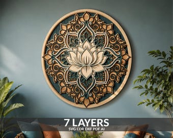 May include: A circular multi-layered wall art piece featuring a central lotus flower design. The artwork is composed of seven distinct layers in shades of light wood, dark brown, and teal, creating a dimensional effect with intricate patterns.