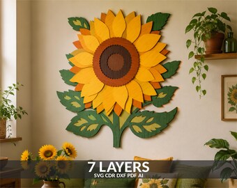 May include: A multi-layered wooden sunflower wall art piece featuring yellow and orange petals, a dark brown center, and green leaves. The design is composed of 7 layers, as indicated by the text 7 LAYERS SVG CDR DXF PDF AI at the bottom.