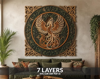 3D Layered Phoenix Mandala File: Laser Cut Digital Design (svg, dxf, pdf)