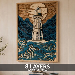 May include: A multi-layered wooden wall art piece featuring a lighthouse centered against a large moon. The design includes deep blue waves at the bottom, dark blue mountains in the background, and a light wood lighthouse structure with 8 layers.