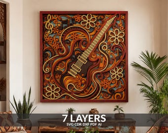 3D Guitar Wall Art – Musical Mandala Laser Cut SVG File (Digital Download)