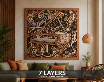 May include: A multi-layered wooden wall art piece featuring a grand piano at the center, surrounded by intricate cutouts of musical notes, swirls, and butterflies. The design consists of 7 layers with natural wood tones and dark accents.
