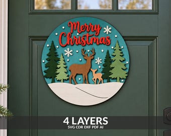 Merry Christmas Reindeer Forest Door Hanger | Multilayer Laser Cut SVG (Digital File)