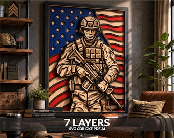May include: A multi-layered wooden wall art piece featuring a soldier in tactical gear holding a rifle, set against a stylized American flag background with blue, red, and natural wood tones. The text 7 LAYERS SVG CDR DXF PDF AI is visible.