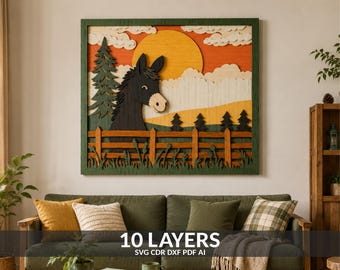 3D Peeking Donkey SVG: Layered Papercut Template, Shadow Box Art (Digital Download