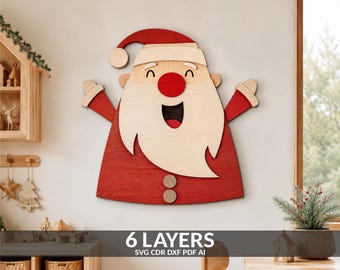 Babbo Natale felice e allegro che alza le mani, design vettoriale SVG multistrato per taglio laser, Babbo Natale 3D a strati, compensato, carta, mandala