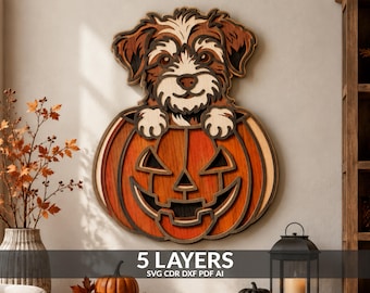 Dog in Jack-O-Lantern Halloween Door Sign SVG Layered Digital Cut File Laser Ready File Vector Glowforge Cricut Pumpkin Wall Art Decor