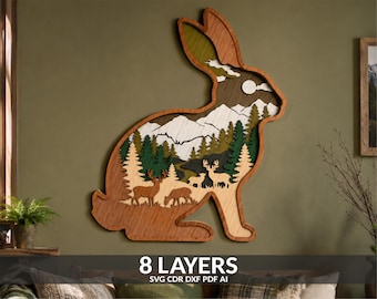ウサギと鹿のマンダラが描かれたレイヤード自然風景のSVGウォールアート（デジタルダウンロード）