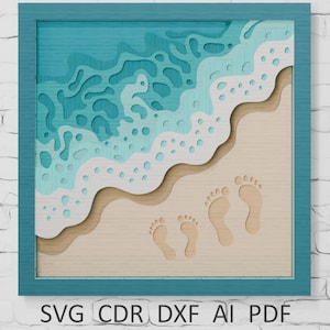 Könnte beinhalten: Ein gerahmtes, geschichtetes Kunstwerk, das eine Strandszene darstellt. Das Kunstwerk zeigt einen türkisfarbenen Rahmen, blaue Meereswellen, weißen Schaum, beigen Sand und Fußabdrücke. Der Rahmen hat den Text "SVG CDR DXF AI PDF".