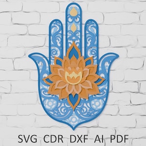 Könnte beinhalten: Ein mehrschichtiges Hamsa-Hand-Design in Blau und Orange mit einer Lotusblume in der Mitte. Das Design befindet sich vor einer weißen Backsteinmauer. Der untere Teil des Bildes enthält den Text: SVG CDR DXF AI PDF.