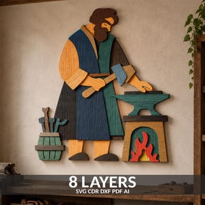 May include: A multi-layered wooden wall art piece depicting a bearded blacksmith in a blue and orange tunic using a hammer on an anvil. The design includes a barrel with tools and a forge with red and yellow flames. Text at the bottom reads 8 LAYERS.