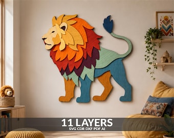 May include: A multi-layered wooden wall art piece shaped like a lion, featuring eleven distinct layers in shades of yellow, orange, red, purple, teal, and blue. The lion is depicted in profile with a textured wood grain finish throughout.