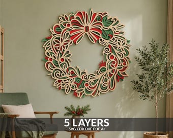 May include: A multi-layered wooden wall art piece shaped like a circular wreath. The design features intricate cutouts of leaves, berries, and a central bow, finished in alternating layers of natural wood, deep red, and forest green colors.