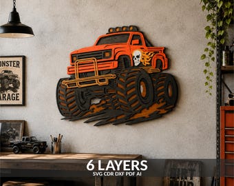 May include: A multi-layered wooden wall art piece depicting an orange monster truck with a skull and flame graphic on the side. The design features black tires, a front brush guard, and roof lights, constructed from six distinct stacked layers.