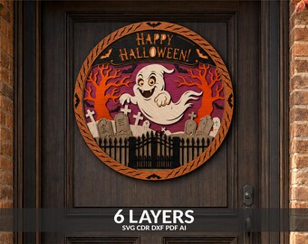 Flying Ghost Cemetery Door Hanger SVG, Happy Halloween Sign, Laser Cut Files (Digital Download)