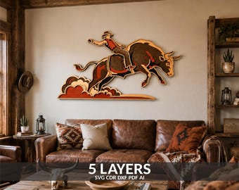 May include: A multi-layered wooden wall art piece depicting a cowboy riding a bucking bull. The design features five distinct layers of wood in shades of dark brown, red, and natural tan, showcasing a dynamic scene of a bull rider in motion.