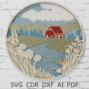 Bauernhaus Fluss Szene Shadow Box SVG: 3D Geschichtet Landschaft Papierschnitt Datei (Digitaler Download)