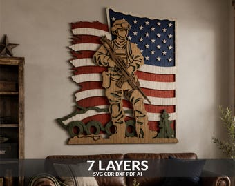 Layered Soldier American Flag SVG: 3D Laser Cut Military Art (Digital File)