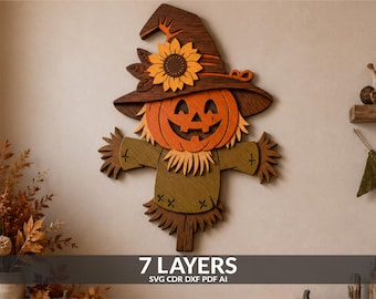 Espantapájaros de calabaza 3D SVG, arte mural de Halloween en capas (archivos digitales)