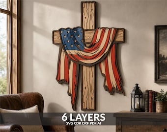 May include: A multi-layered wooden wall art piece featuring a cross draped with an American flag design. The artwork consists of six distinct layers with wood grain textures, red, white, and blue colors, and text at the bottom reading 6 LAYERS SVG CDR DXF PDF AI.