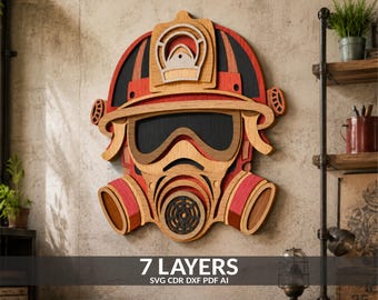 Maschera antigas per vigili del fuoco, file SVG, file 3D a strati per taglio laser (download digitale)