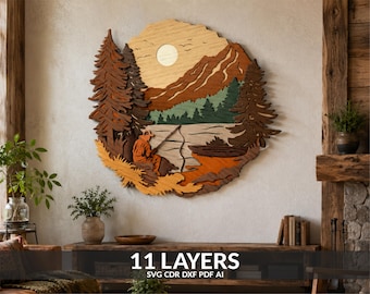 3D Fisherman Shadow Box Template, Fishing Lake Laser Cut Files (SVG, DXF, PDF)