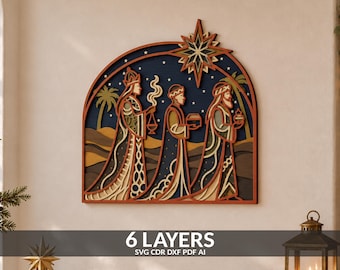 May include: A multi-layered wooden wall art piece depicting the Three Wise Men traveling under a large star. The design features six distinct layers in shades of dark blue, tan, brown, and orange, showcasing intricate cutouts of figures and palms.