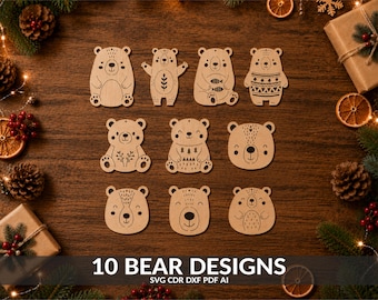 May include: Ten light-colored wooden bear cutouts featuring various engraved patterns including fish, trees, and geometric shapes. Each bear has a unique facial expression and body design, with some showing full bodies and others showing only heads.