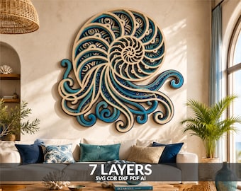 May include: A multi-layered wooden wall art piece featuring a nautilus shell design with intricate cutouts. The artwork consists of seven distinct layers in shades of natural wood, deep navy, and bright teal, creating a dimensional effect.