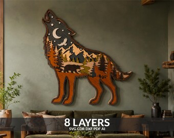 Wolf Landscape Multilayer Laser Cut File, Woodland Scene Decor (SVG, DXF, PDF)