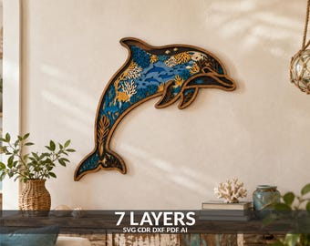 File SVG di un delfino 3D a strati / File per taglio laser di vita marina multistrato (download digitale)