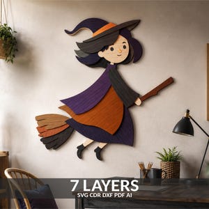 May include: A multi-layered wooden wall art piece depicting a cartoon witch flying on a broomstick. The design features seven distinct layers with a purple hat, orange accents, a dark purple dress, and a brown broom, all with visible wood grain.