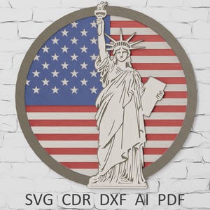 Statue of Liberty and American flag multilayer laser cut svg file, Glowforge 3D multilayer decor US flag mandala Lightburn Papercut dxf plan