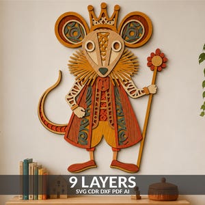 May include: A multi-layered wooden wall art piece depicting a mouse wearing a crown and holding a flower staff. The design features intricate cutouts in shades of orange, yellow, red, and teal. The text 9 LAYERS SVG CDR DXF PDF AI is visible.
