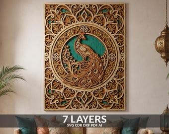 Layered Peacock Laser Cut File: 3D Multilayer Wall Art Decor (SVG, DXF)