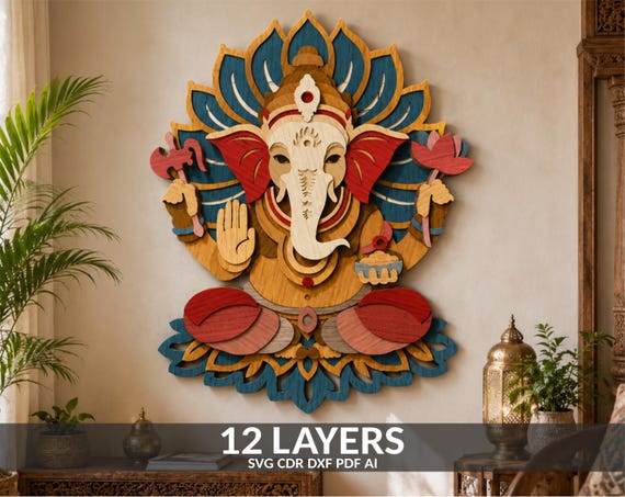 Ganesha Mandala Paper Cut File: 3D Layered Wall Art (SVG, DXF, PDF)